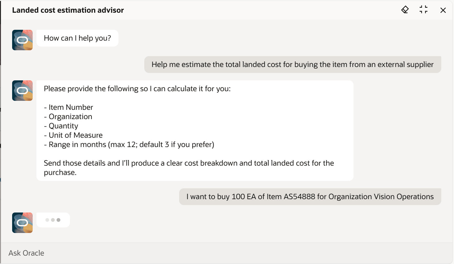 Key input parameters asked by agent for computing the estimates