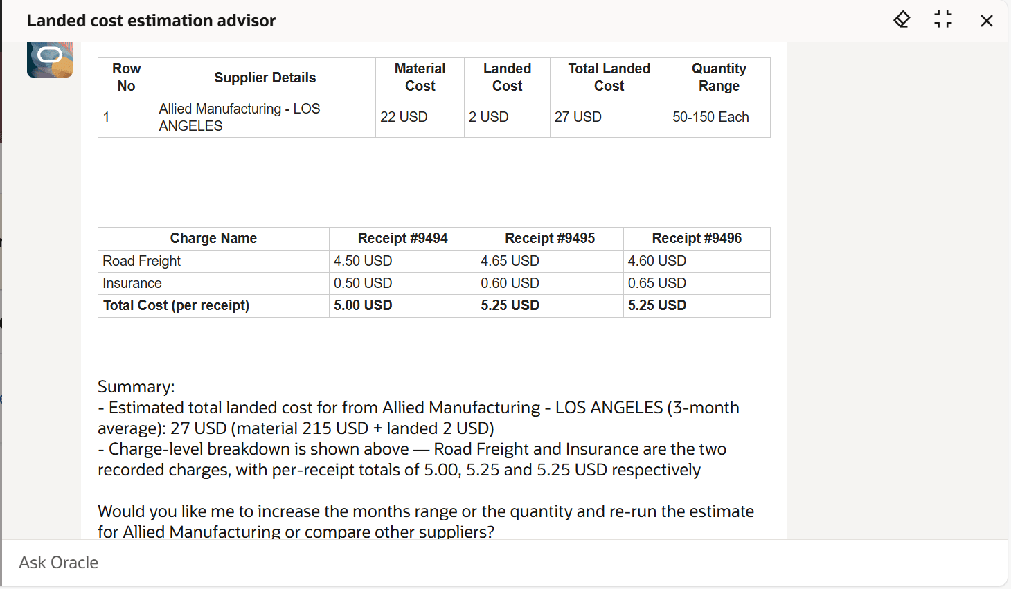 Estimated landed cost charge details for a particular supplier