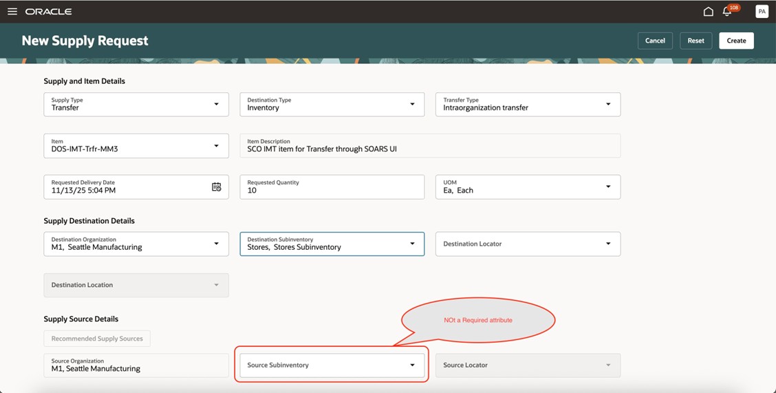 Source subinventory is not a required field in New Supply Request page