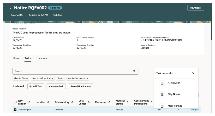 Recall tasks showing the task owners