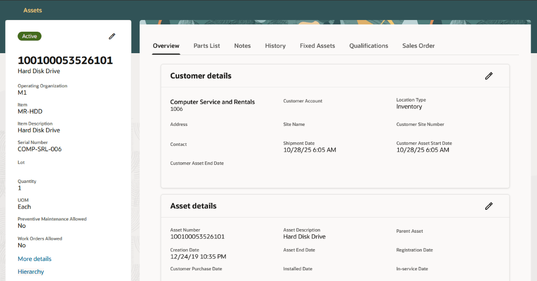 Asset Information Management Overview Tab: Customer Details