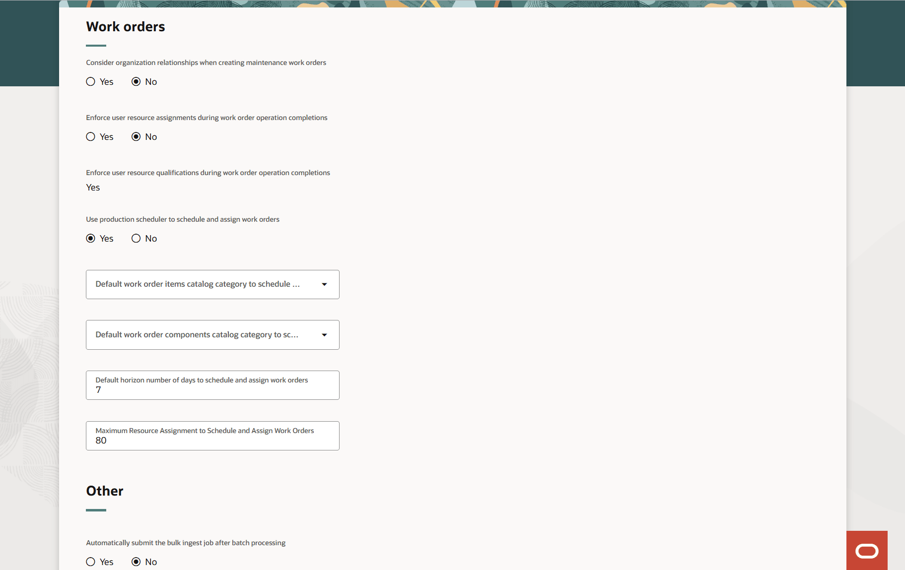 Work Order and Other Parameters