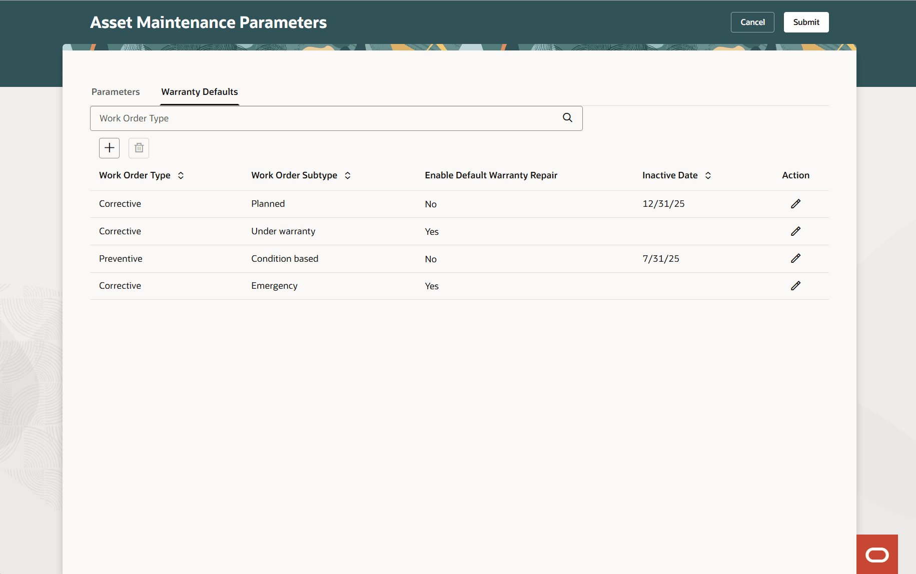 Warranty Default Parameters