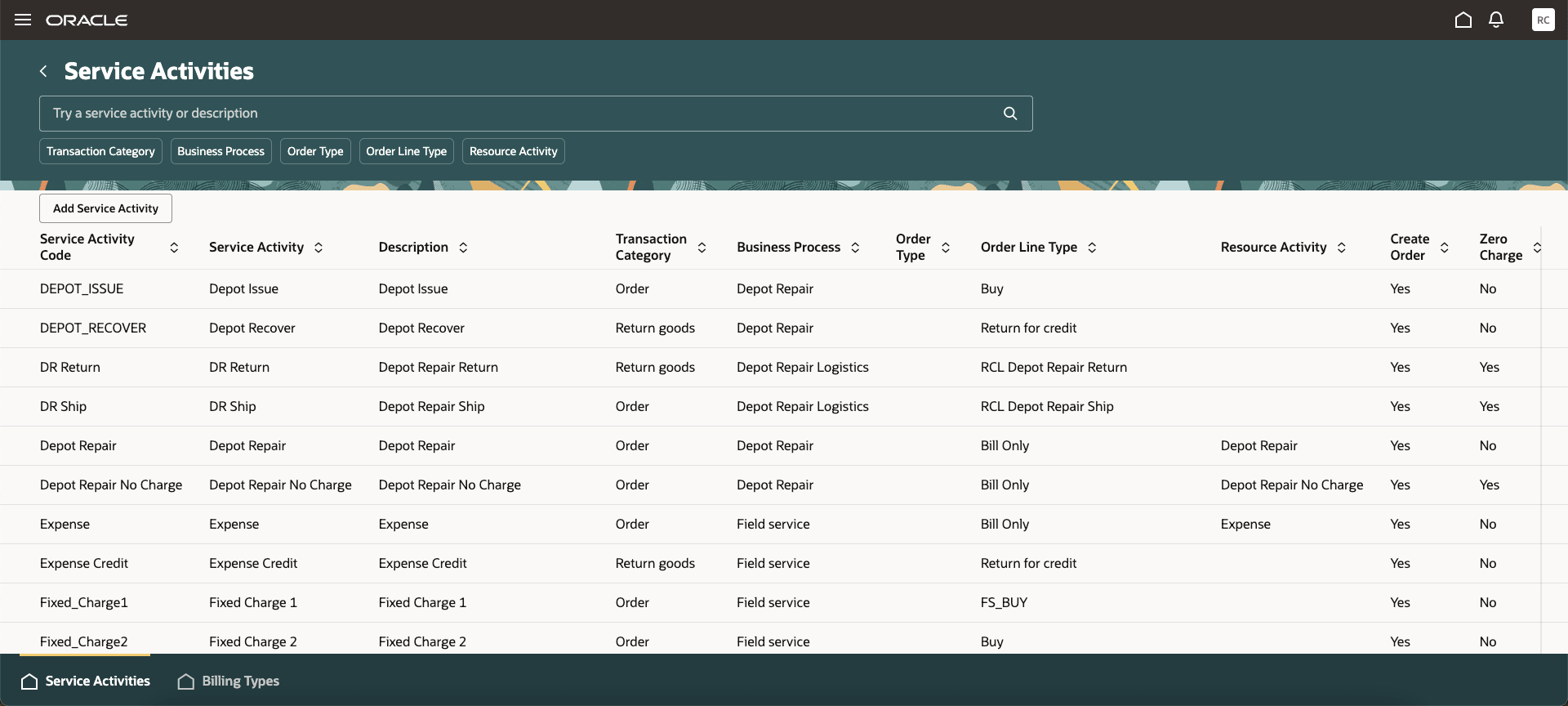 Search List: Service Activities Redwood UI