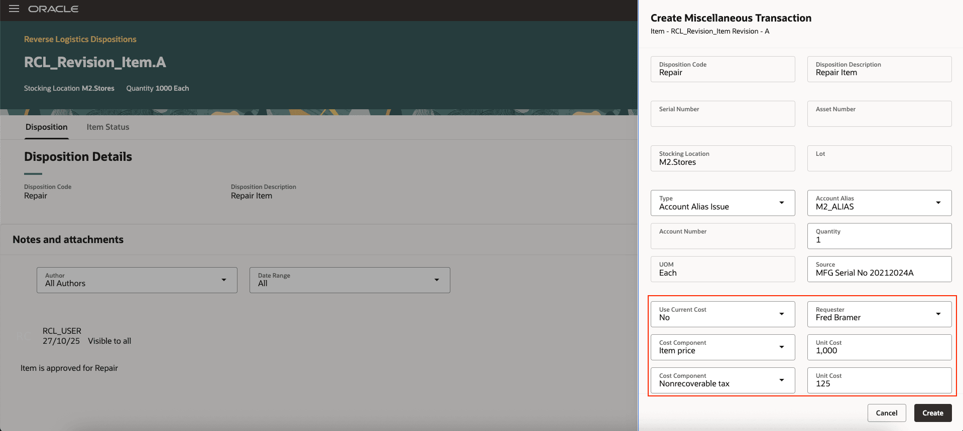 Reverse Logistics Dispositions: Create Miscellaneous Issue Transaction Screen