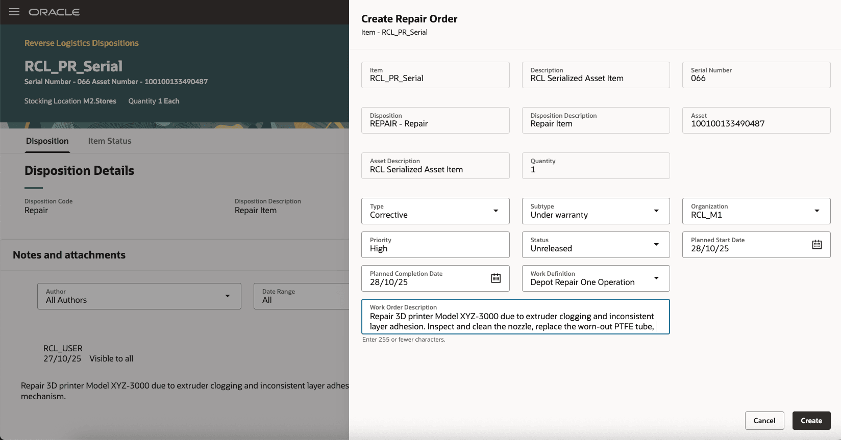 Create Repair Order: Work Order Description
