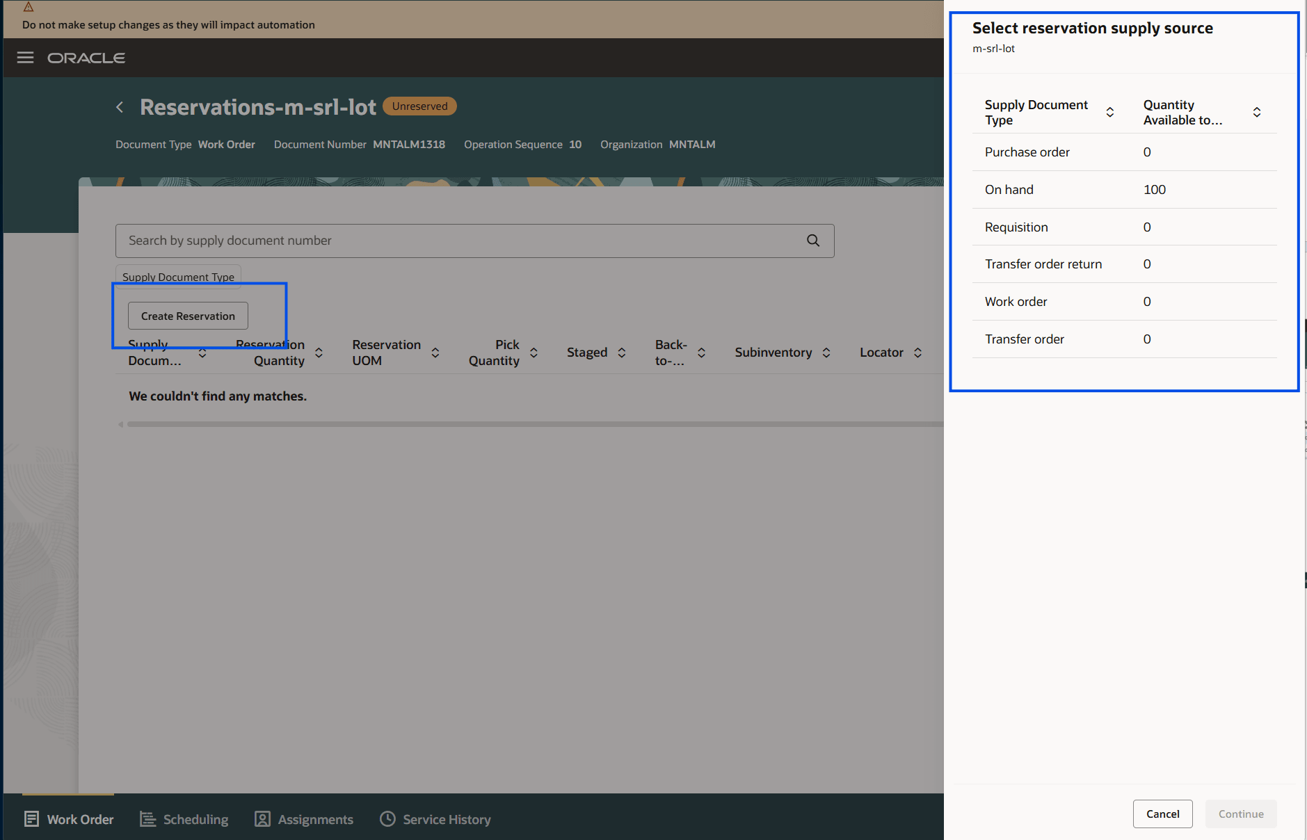 Select reservation supply source side panel