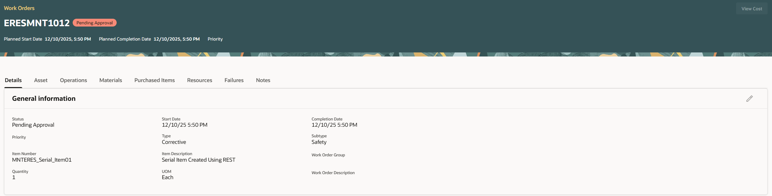 Screenshot showing a work order with a "Pending Approval" badge.