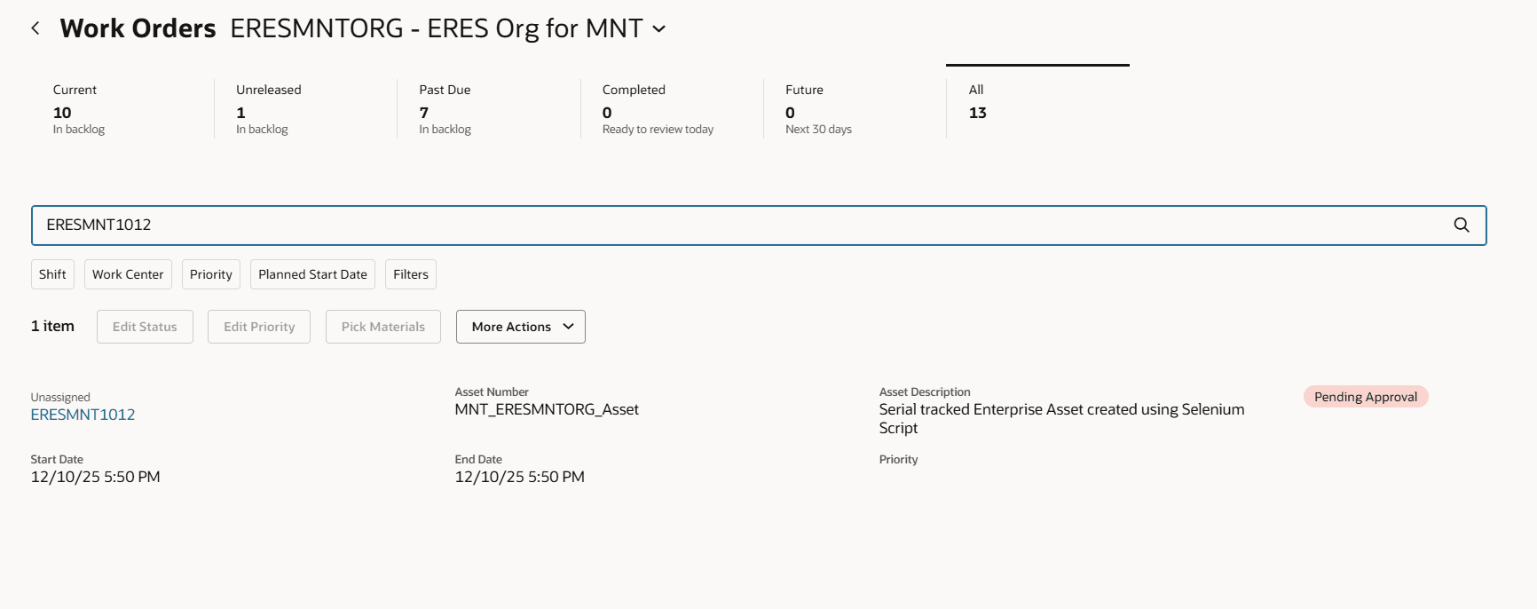 Work order with Pending Approval badge on the Maintenance Supervision landing page