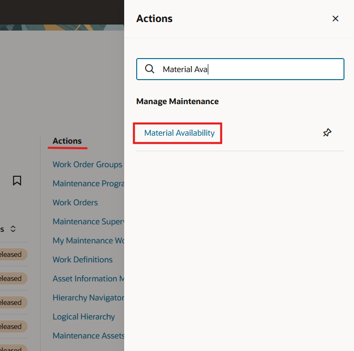 Quick Action Navigation to Material Availability