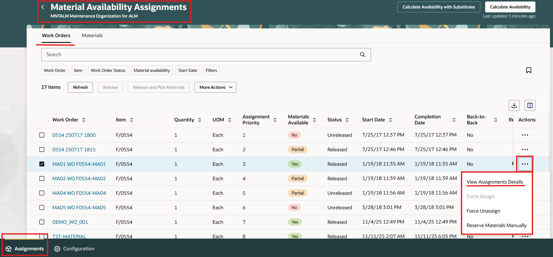 Work Orders tab in Material Availability Assignments