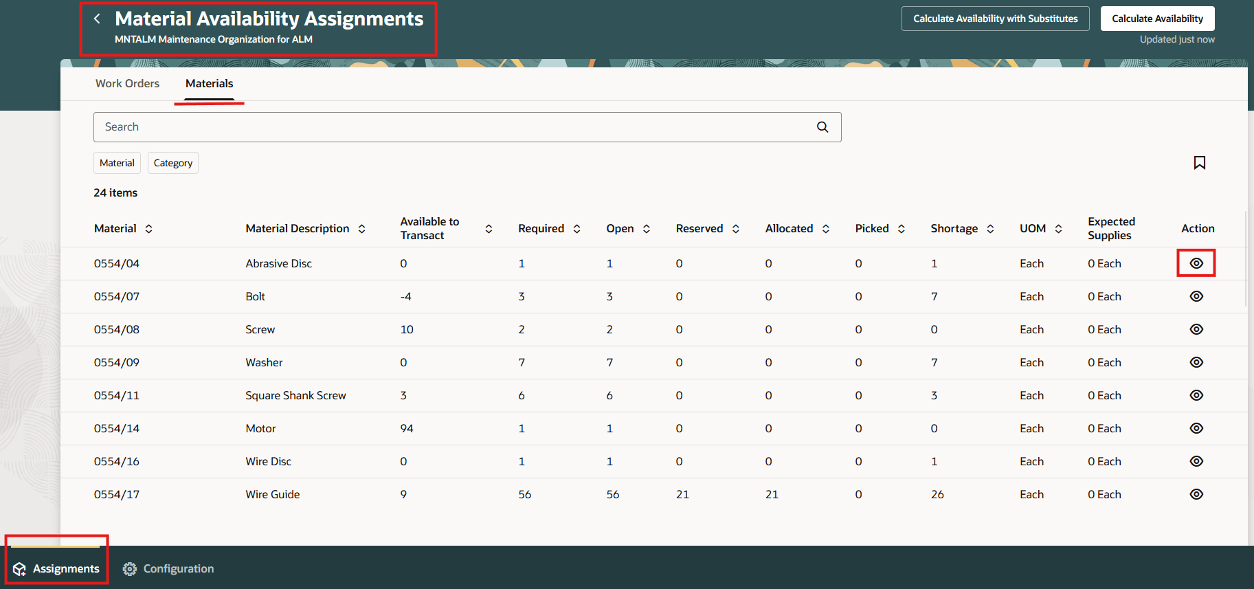 Materials tab within the in-app tab for Assignments