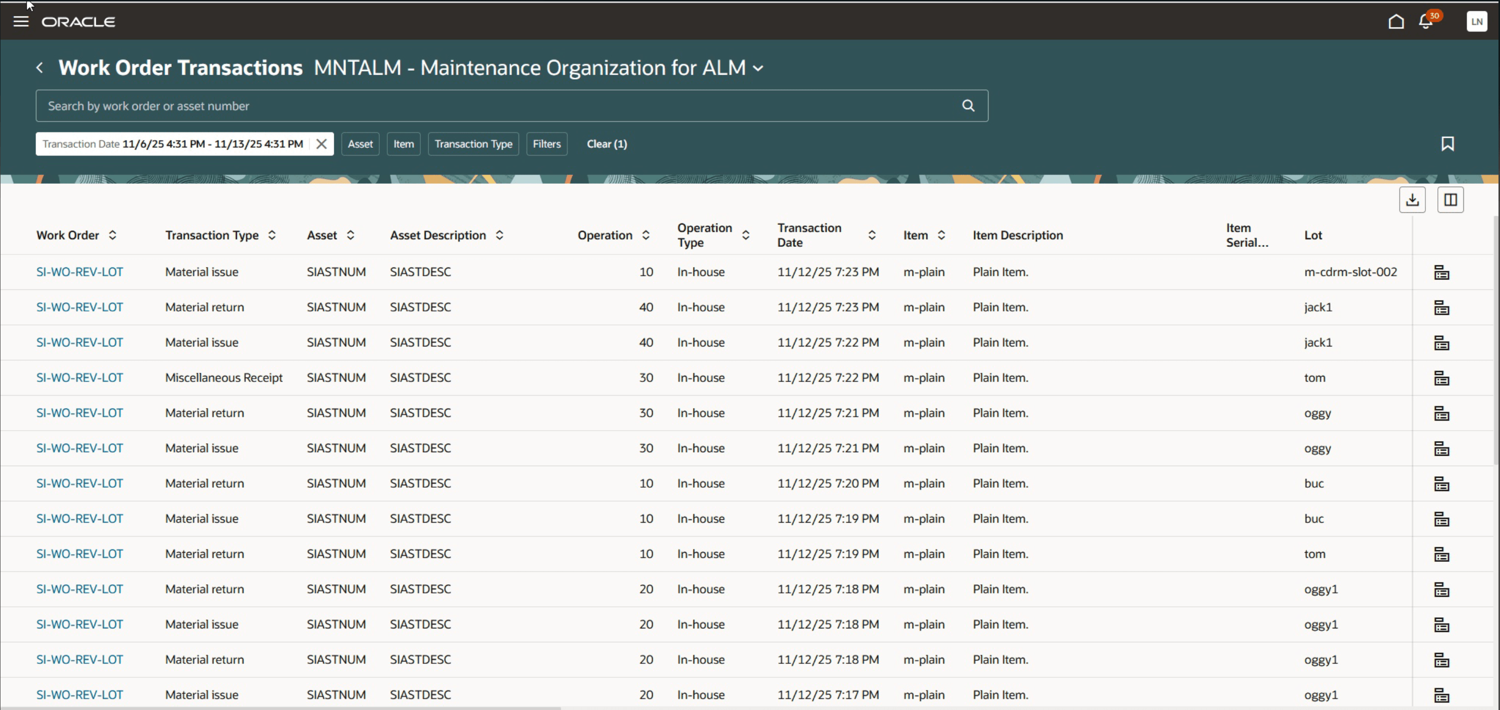 New Redwood Work Order Transactions page showing transactions on maintenance work orders