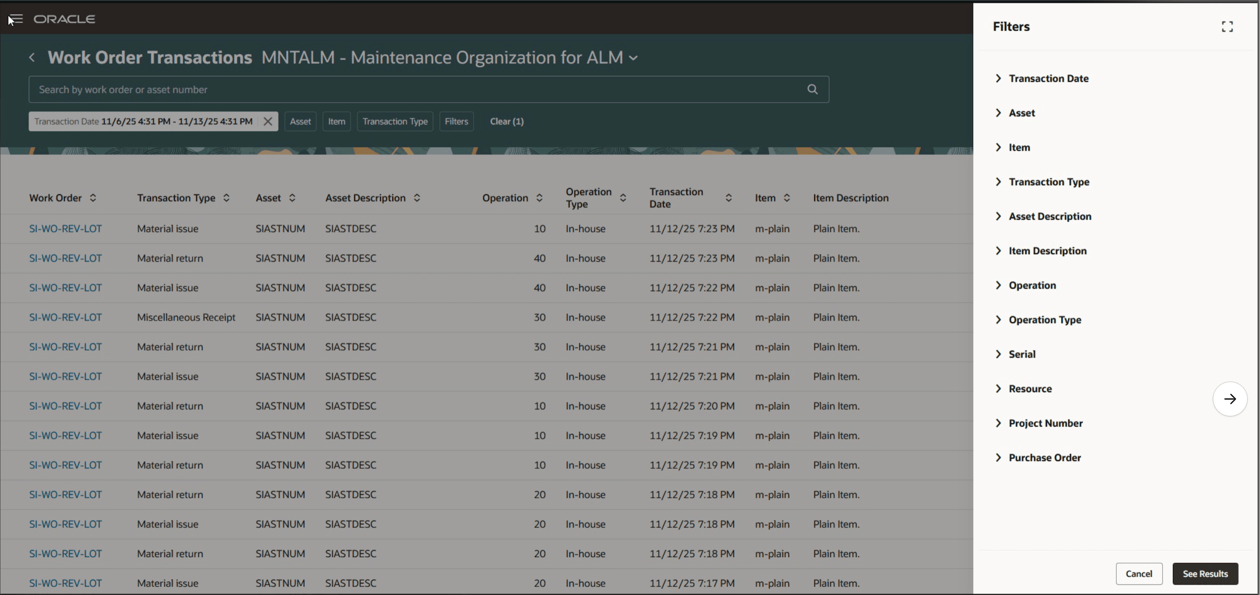 Work Order Transactions search and filters