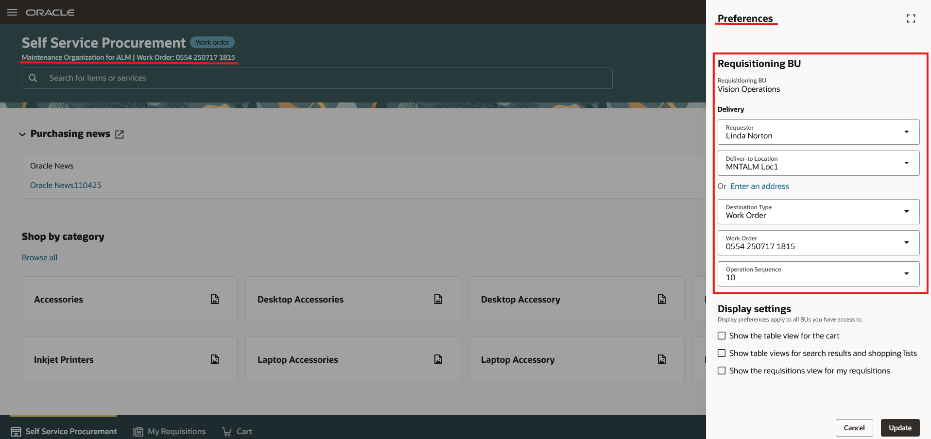 Redwood Self Service Procurement page with context maintenance work order details in Preferences drawer