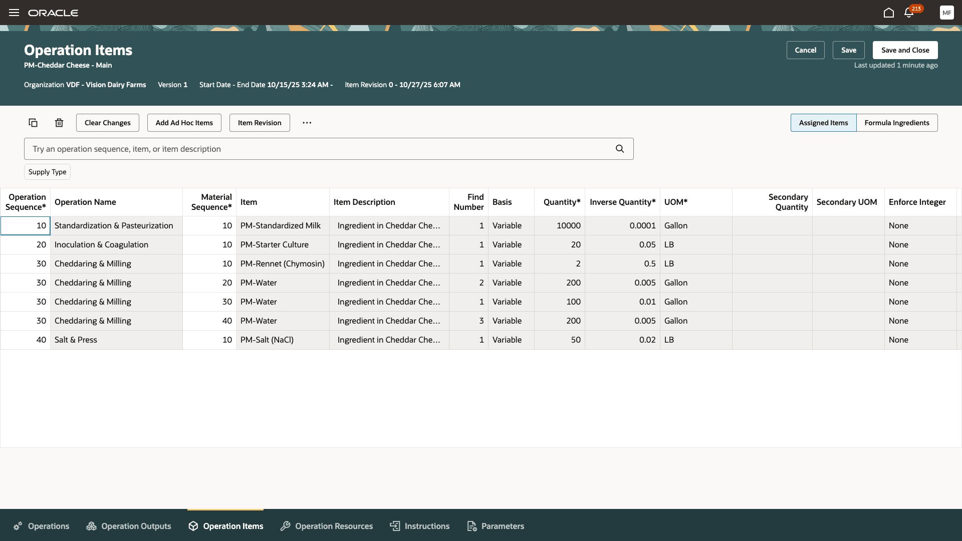 Repeating material in the operation in work definition