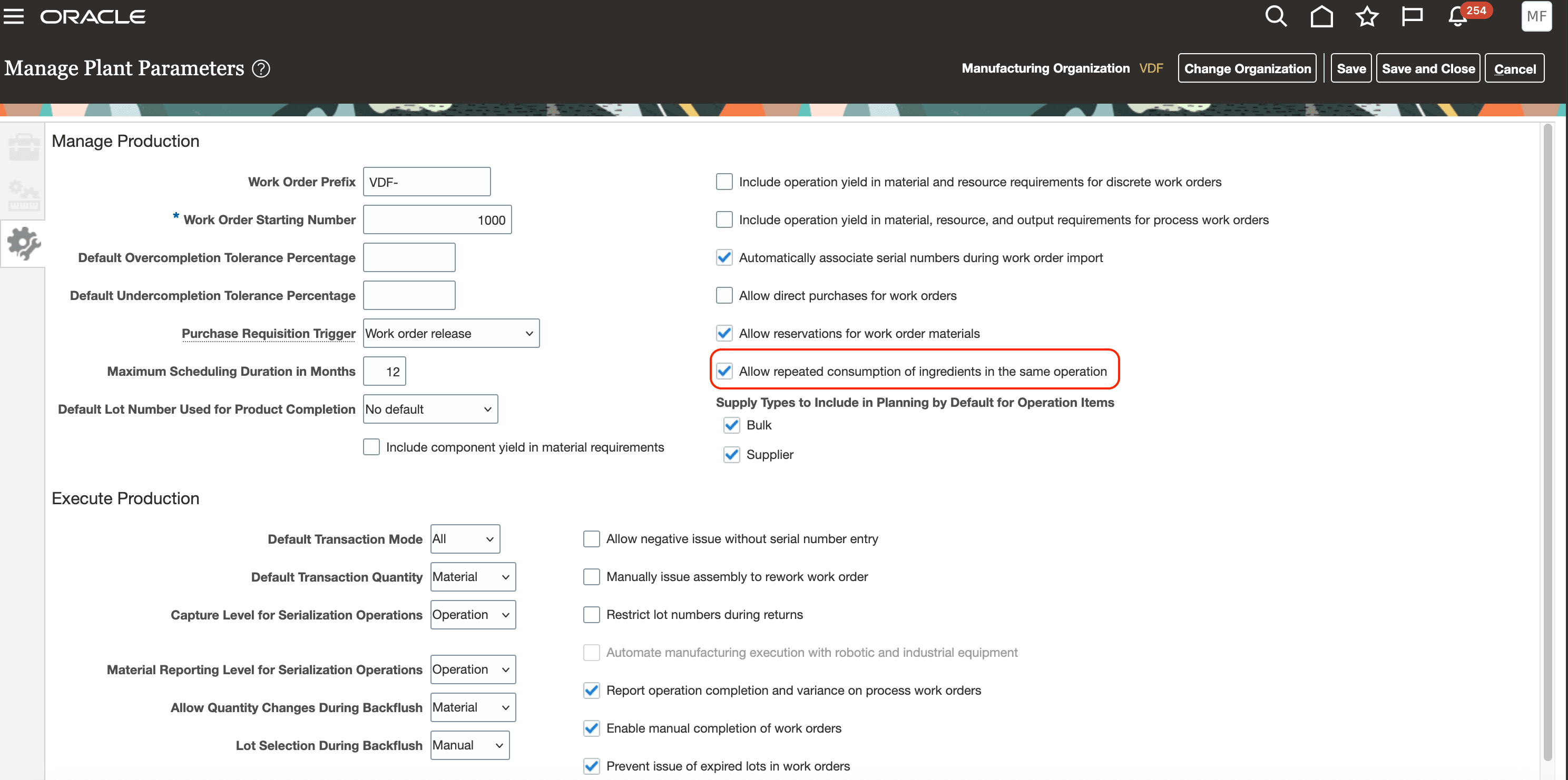 Manage Plant Parameters page