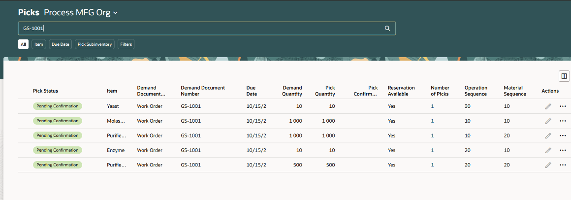 Picks page displaying the Operation Sequence and Material Sequence information for the materials