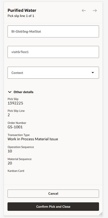Confirm Picks mobile page displaying the Operation Sequence and Material Sequence information
