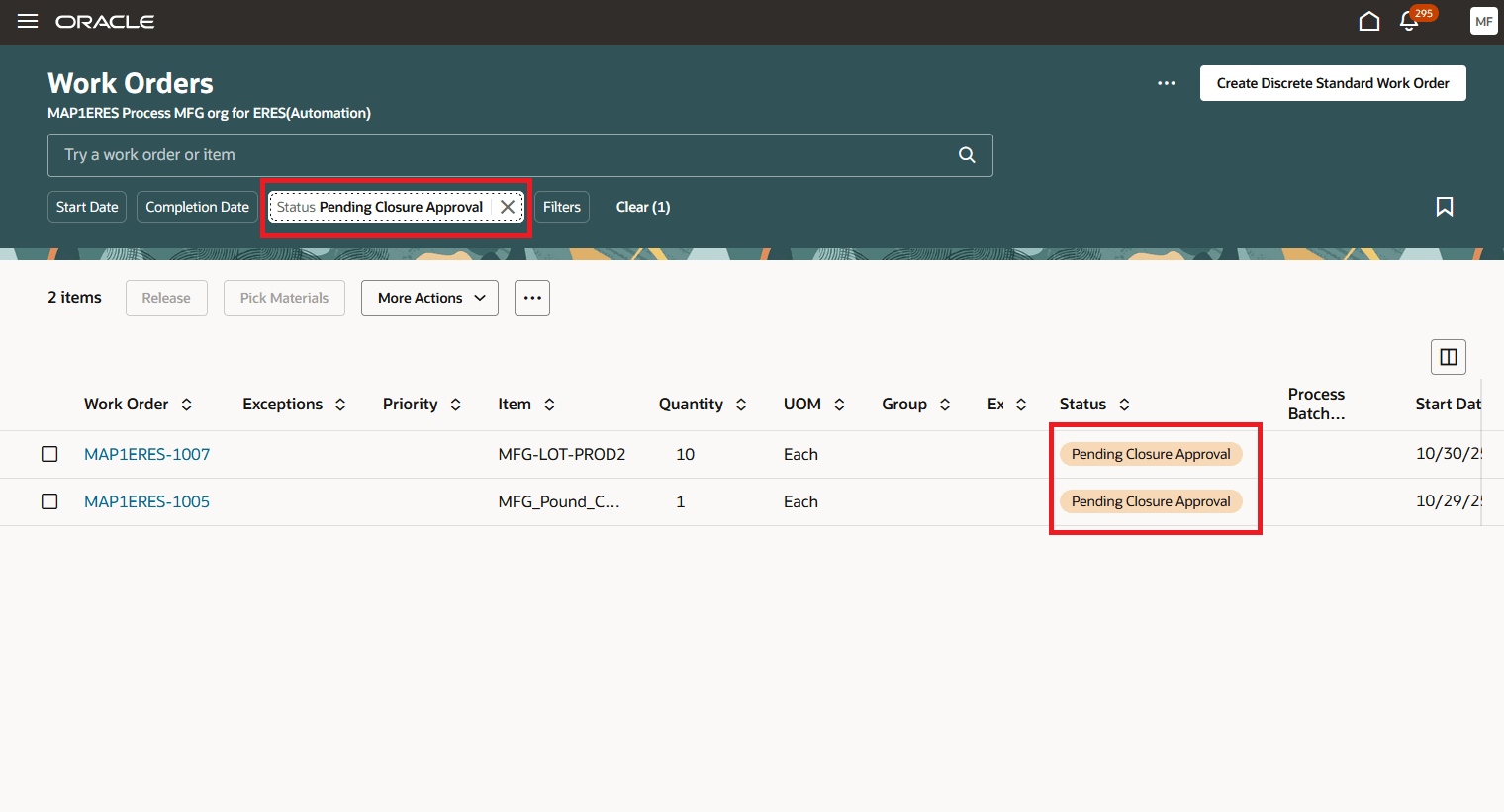 Work Orders Pending Closure Approval