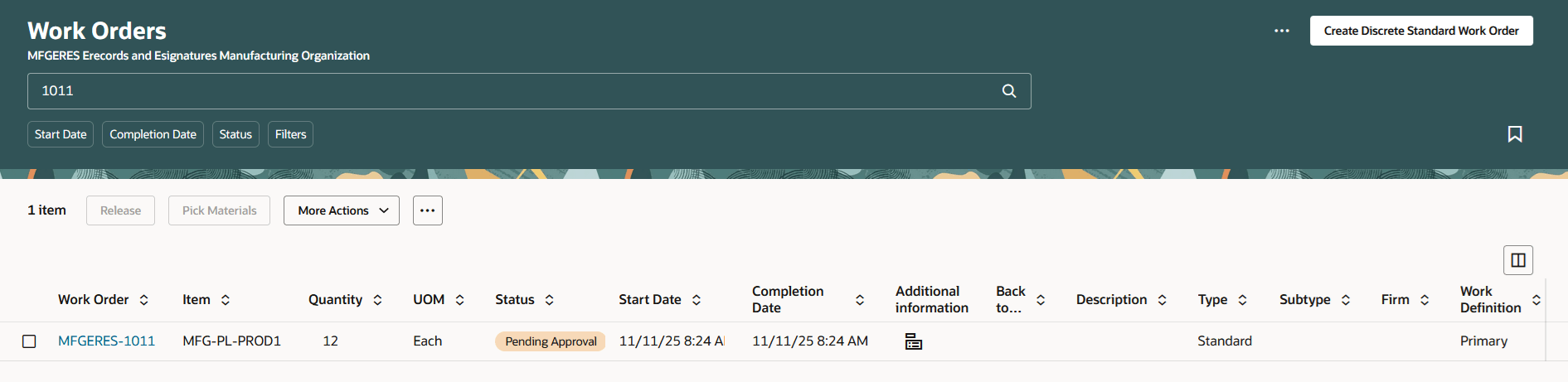 Work Order in Pending Approval status