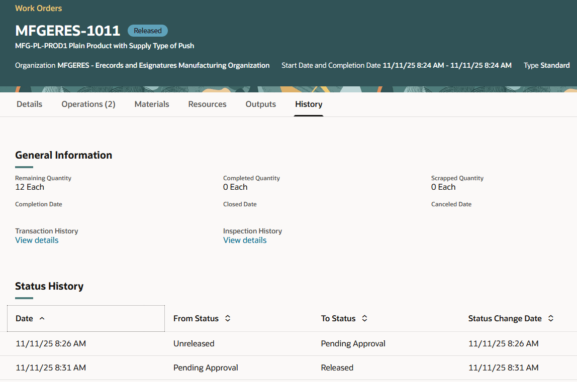 Work Order Status Change History