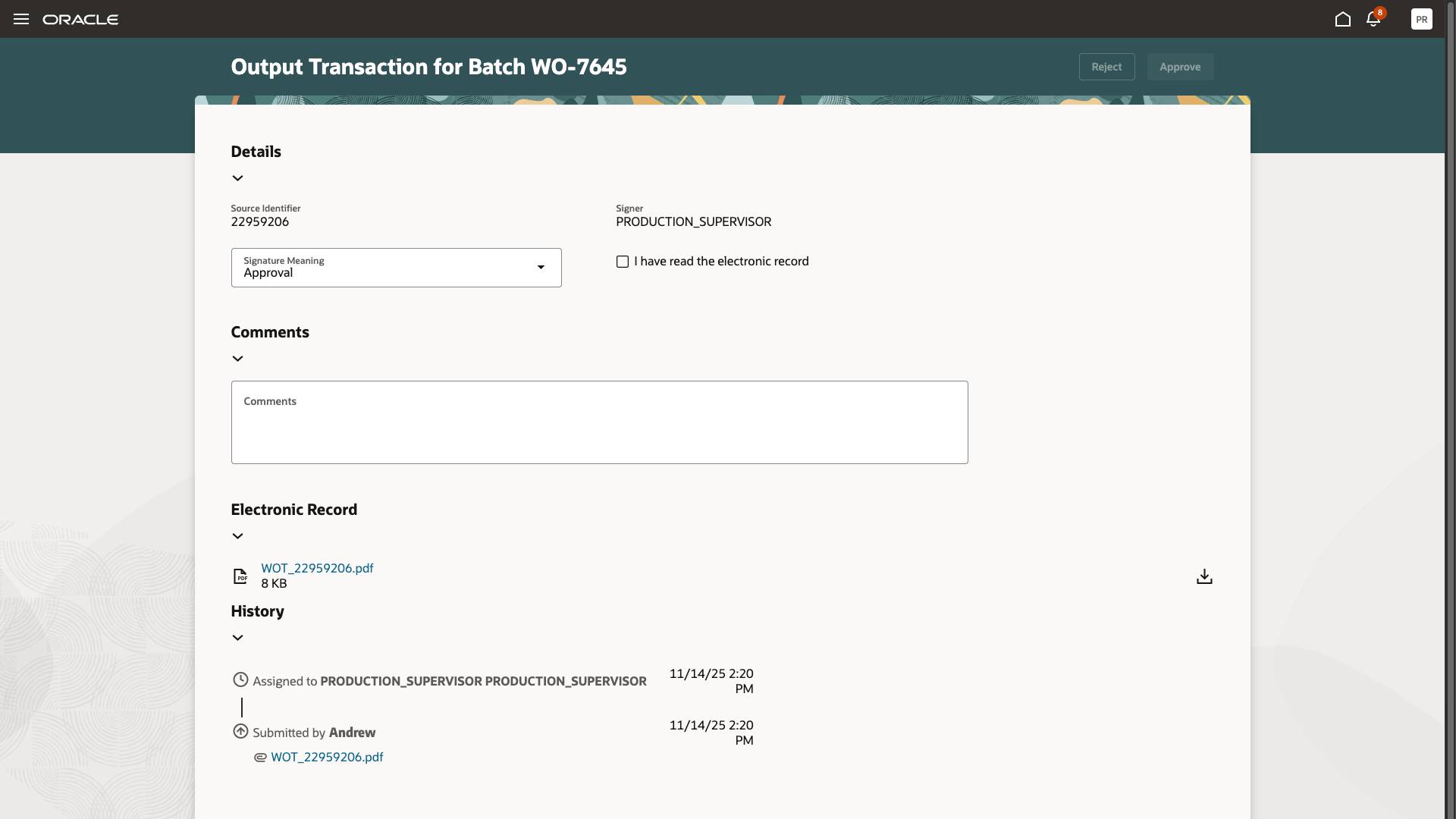 Approver Reviews Details of Output Transaction