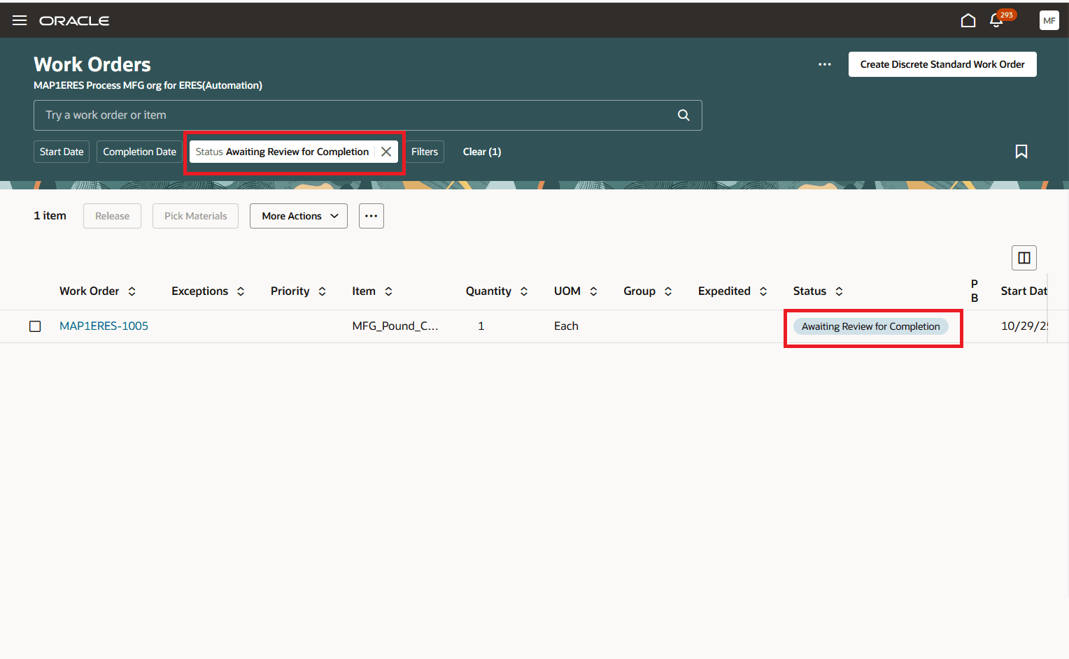 Work Orders Awaiting Review for Completion