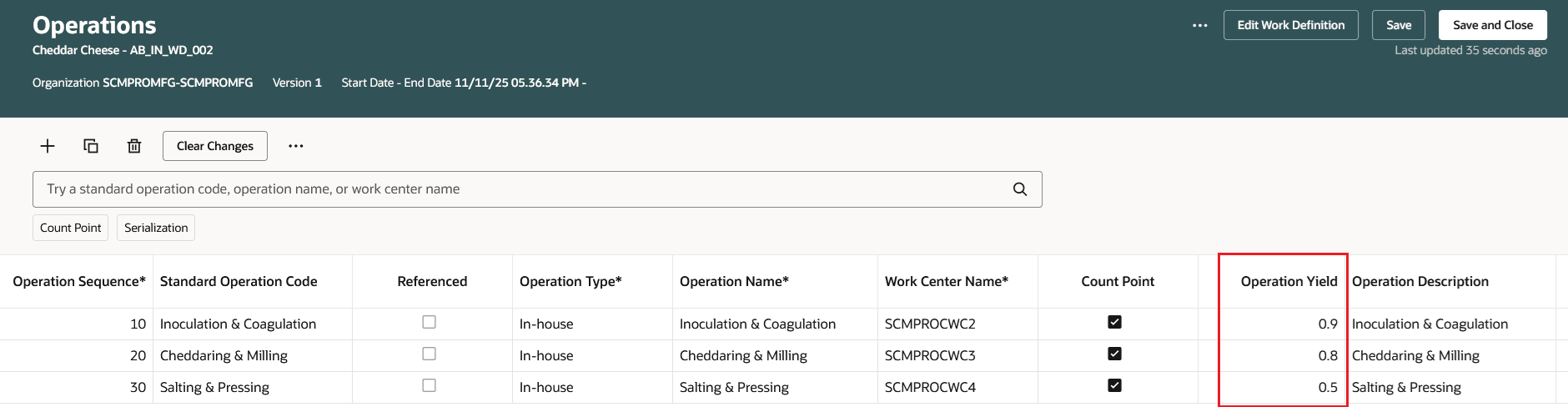 Process Work Definition - Operation Yield