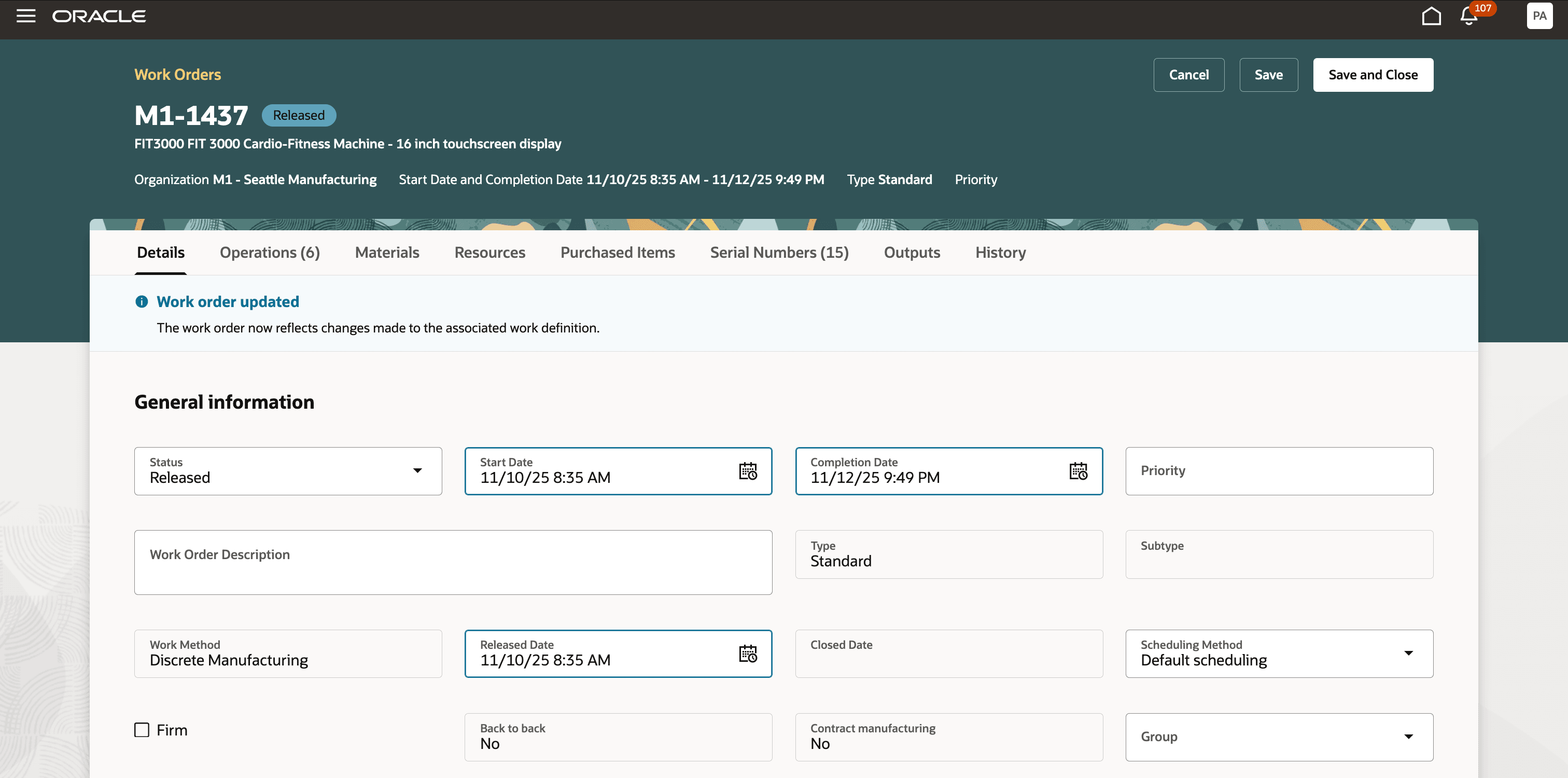Work order update message on Details tab