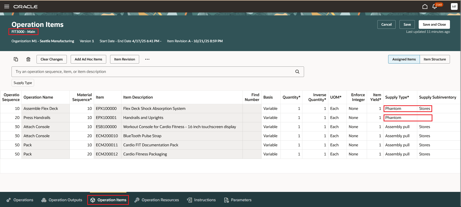 Supply Subinventory for Work Definition Operation Items