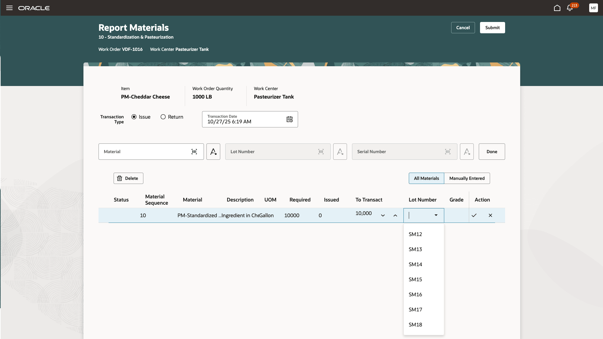 Only unexpired lots will be available for selection.