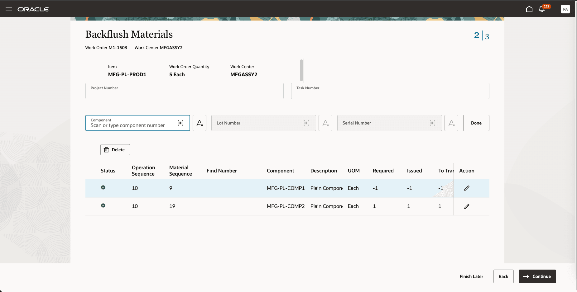 Production UI highlighting negative materials backflush for a Rework work order.