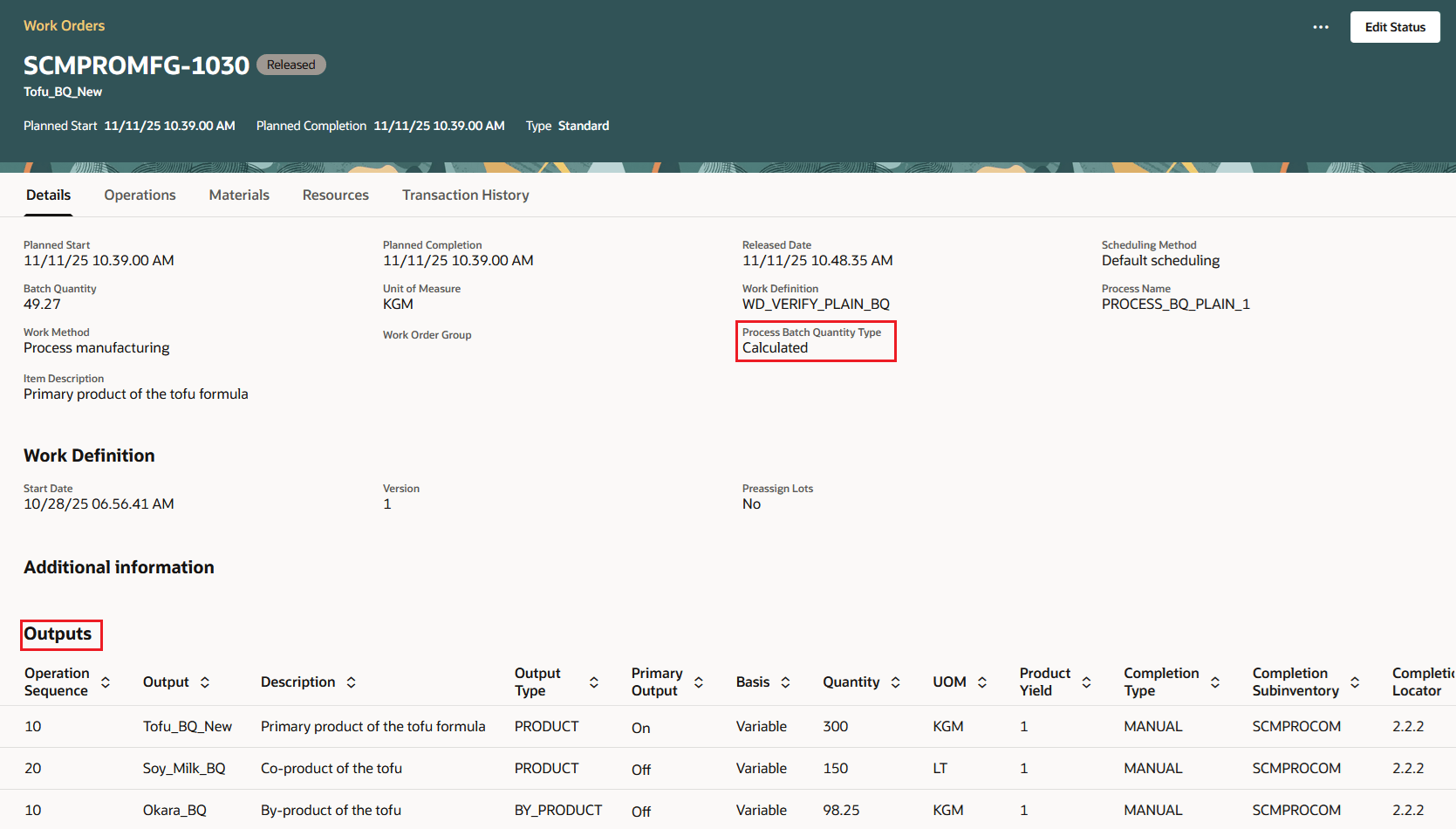 Production Supervision - Process Work Order Header