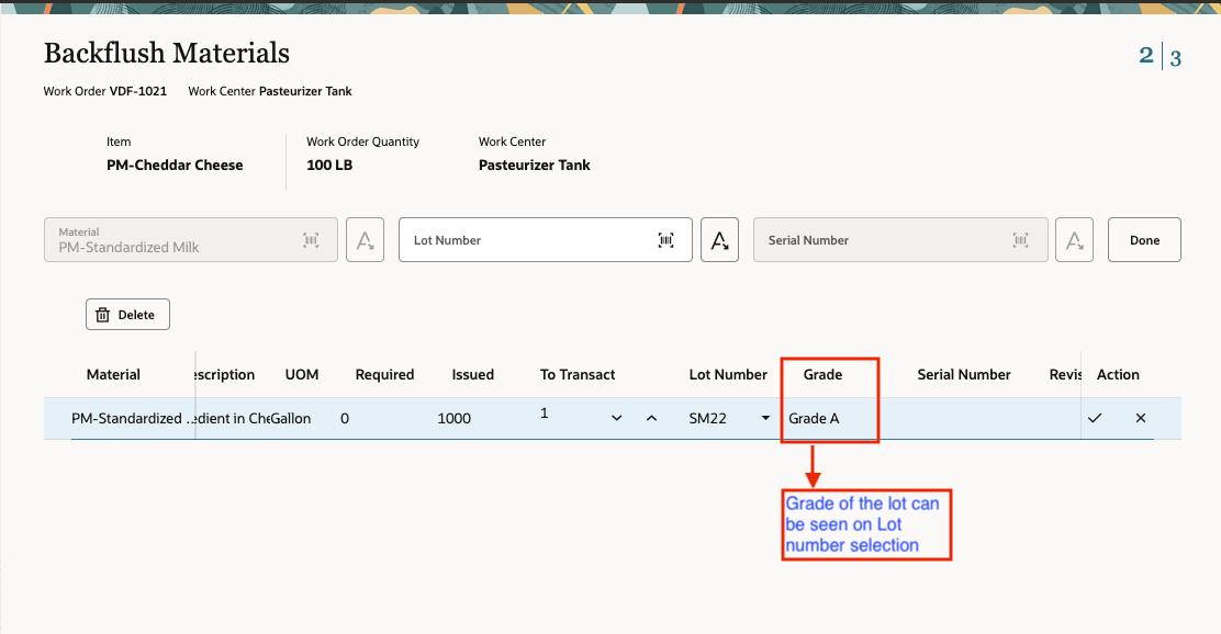 Figure 1: Screenshot of the material issue in backflush page showing grade of the items issued.
