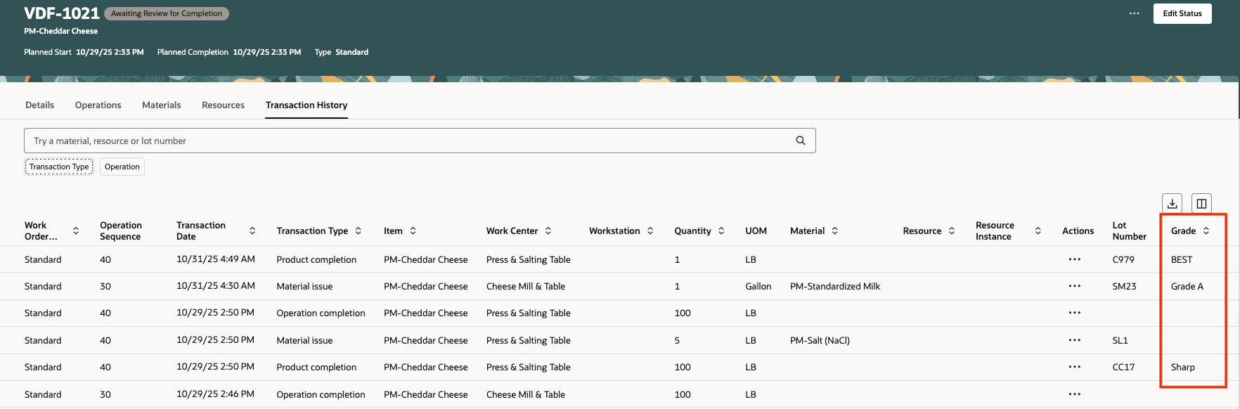 Figure 5: Screenshot of the work order transaction history page with details of item grade.