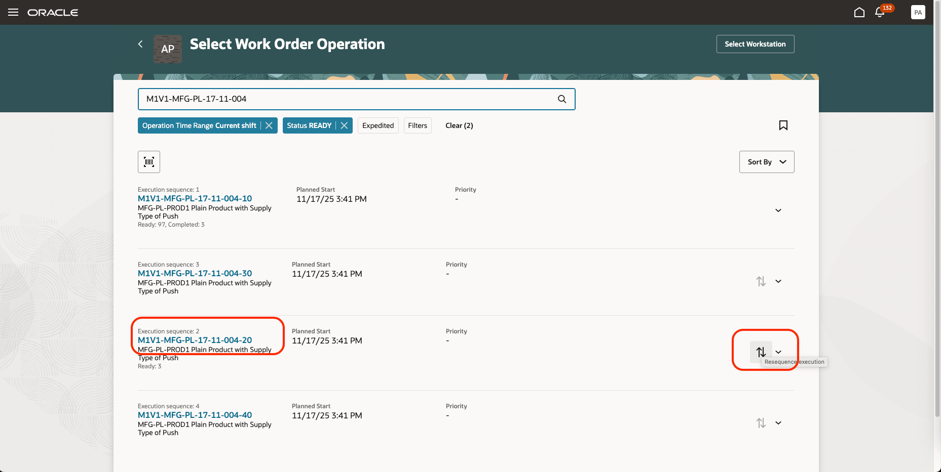 Work order operation page with re-sequence option.