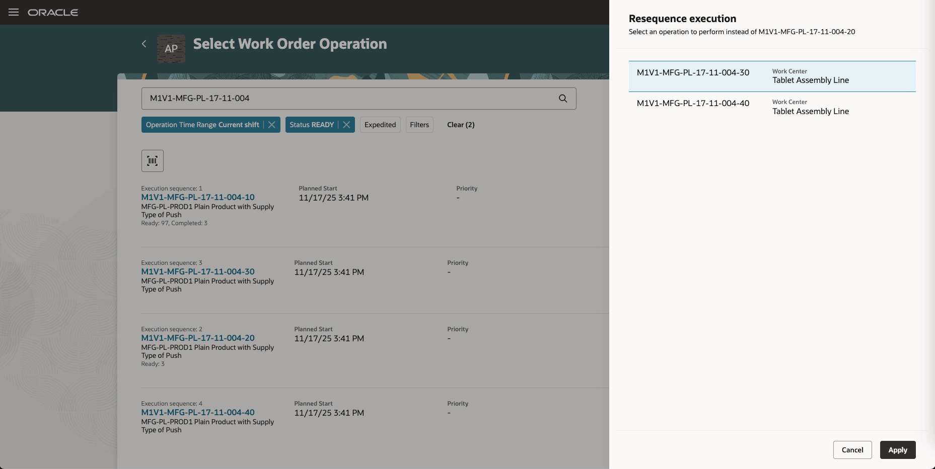 Drawer to select operation to execute next