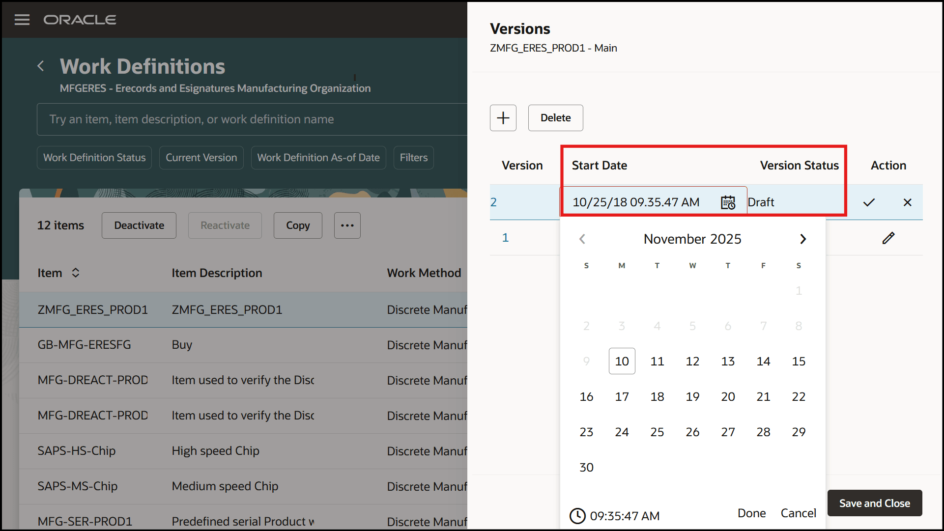 Manage Versions Action in Manage Work Definitions