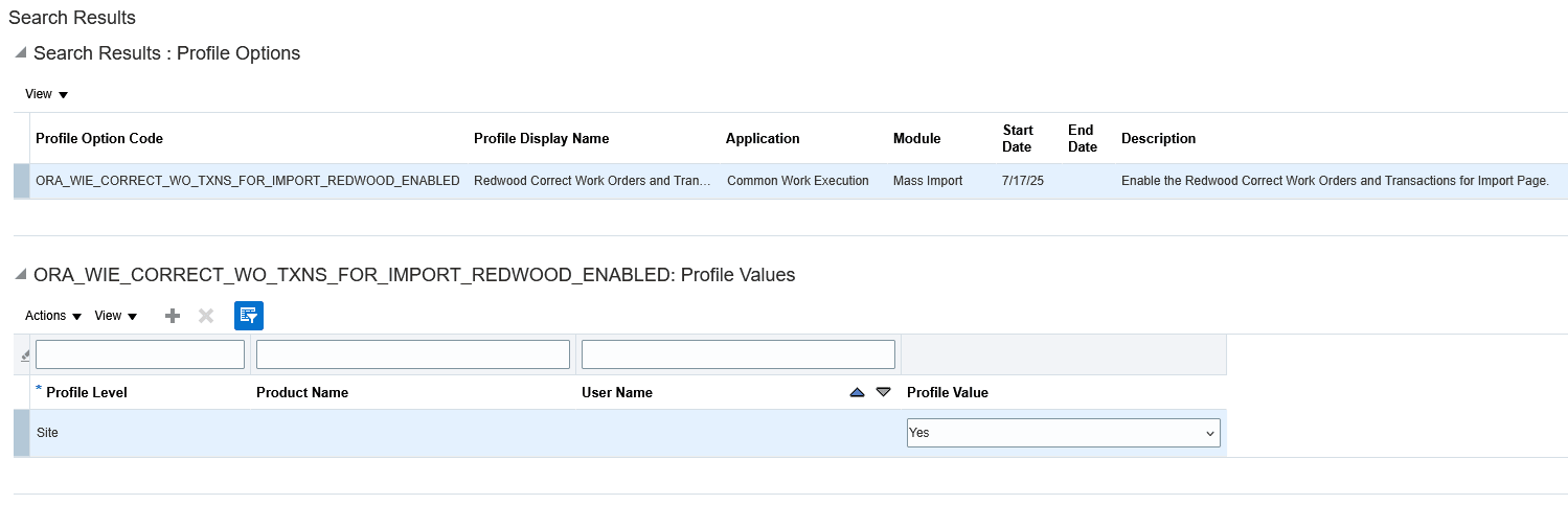 Profile Option to Correct Work Order and Transactions for Import in Redwood User Experience