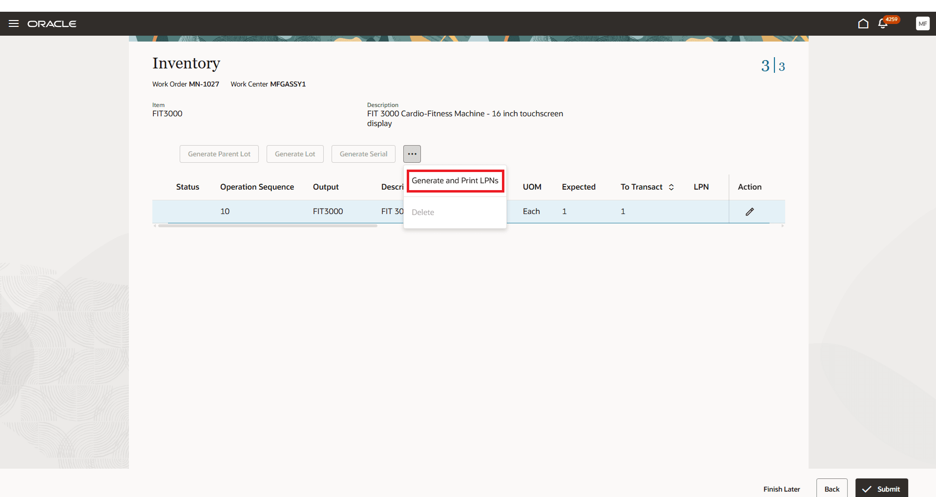 Generate and Print LPNs while Reporting Work Order Product Completion