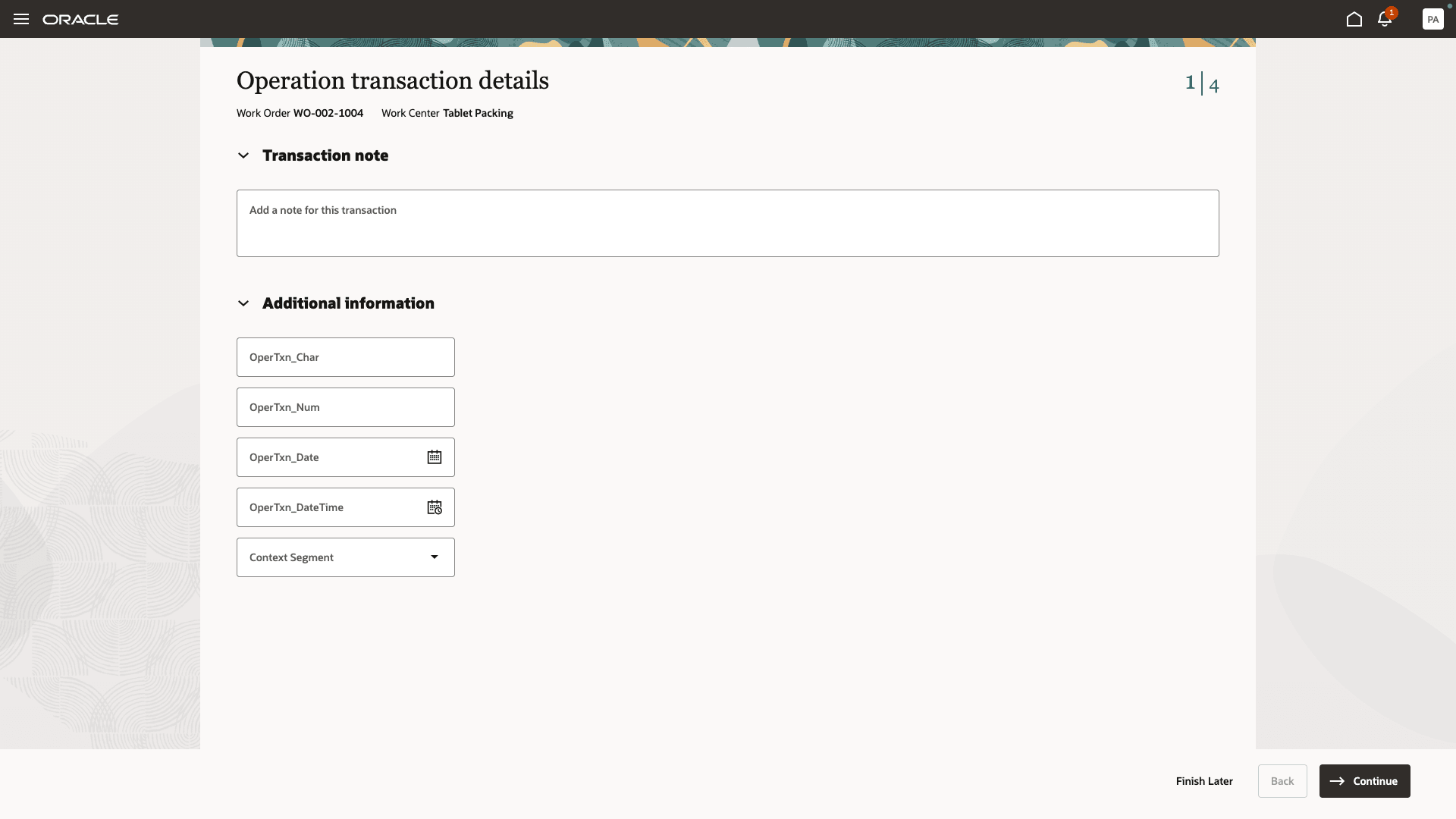 Enter Work Order Operation Transaction Details