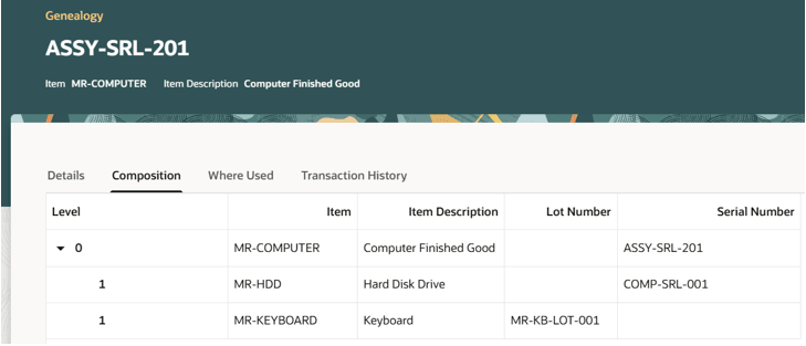 Genealogy composition tab for a lot or serial number of an item