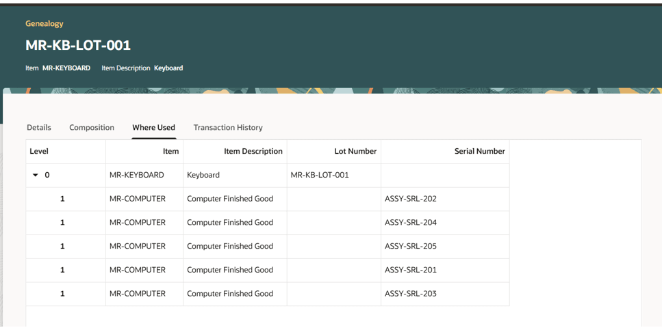 Genealogy where used tab for a lot or serial number of an item