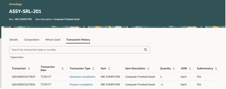 Transaction history of lot or serial number of a genealogy enabled item