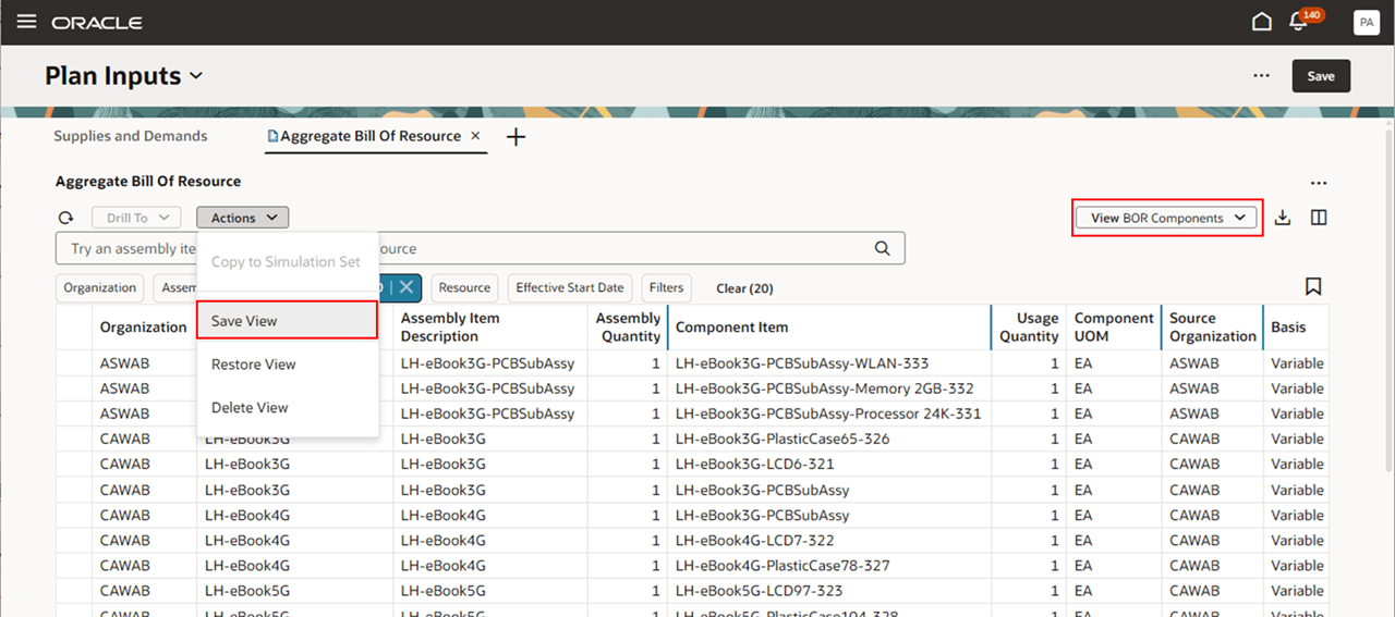 Save View in the Aggregate Bill of Resource Table