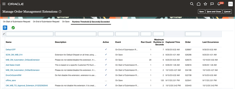 Click the Runtime Threshold tab, then view the list of extensions that have run too long