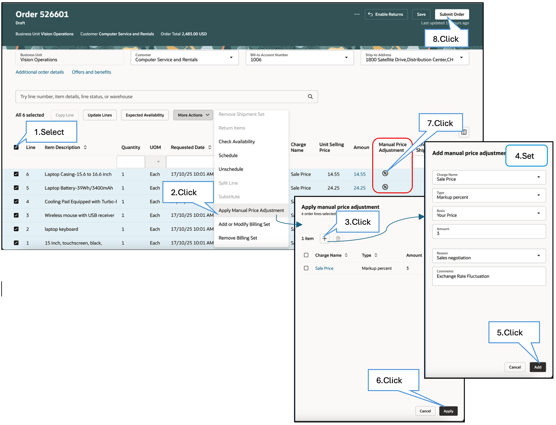 Apply Adjustments on Order Lines on One Sales Order