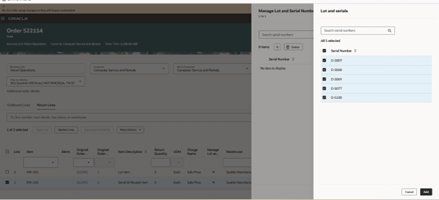 Select serials in Manage Lot and Serial Number drawer 