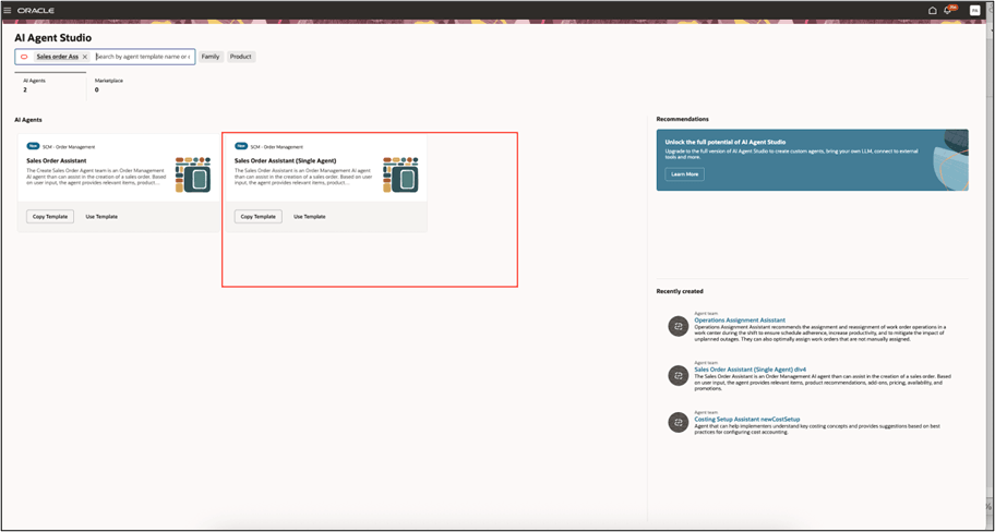 AI Agent Studio landing page showing Sales Order Agent